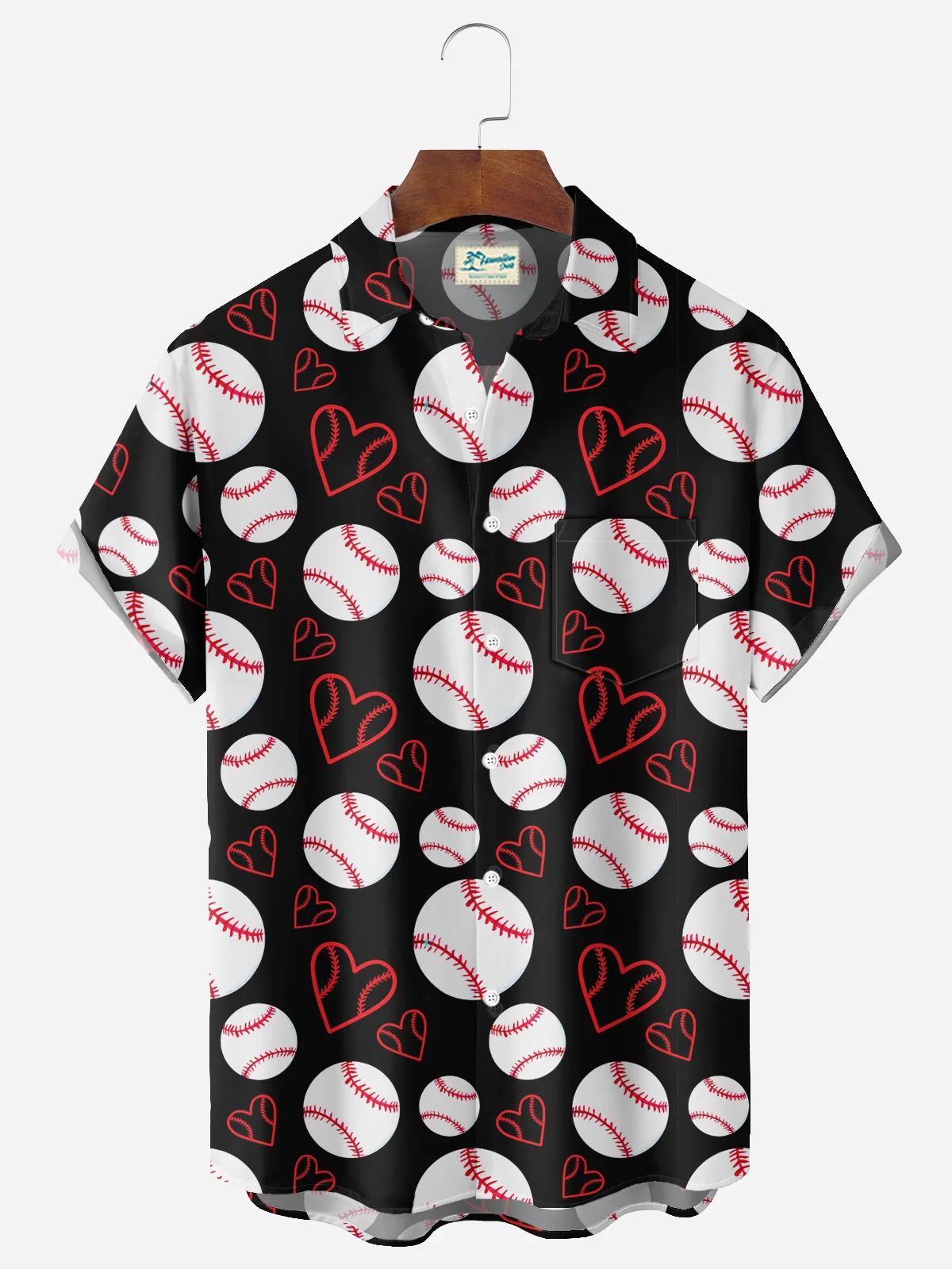 Royaura® Valentine's Day Heart Baseball Print Men's Button Pocket Short Sleeve Shirt Big & Tall