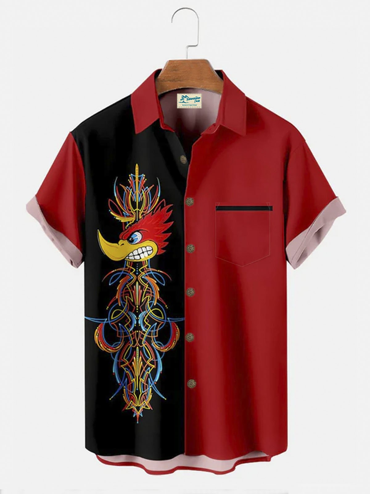 Royaura® Red Bowling Rooster Button Pocket Short Sleeve Shirt  Big & Tall