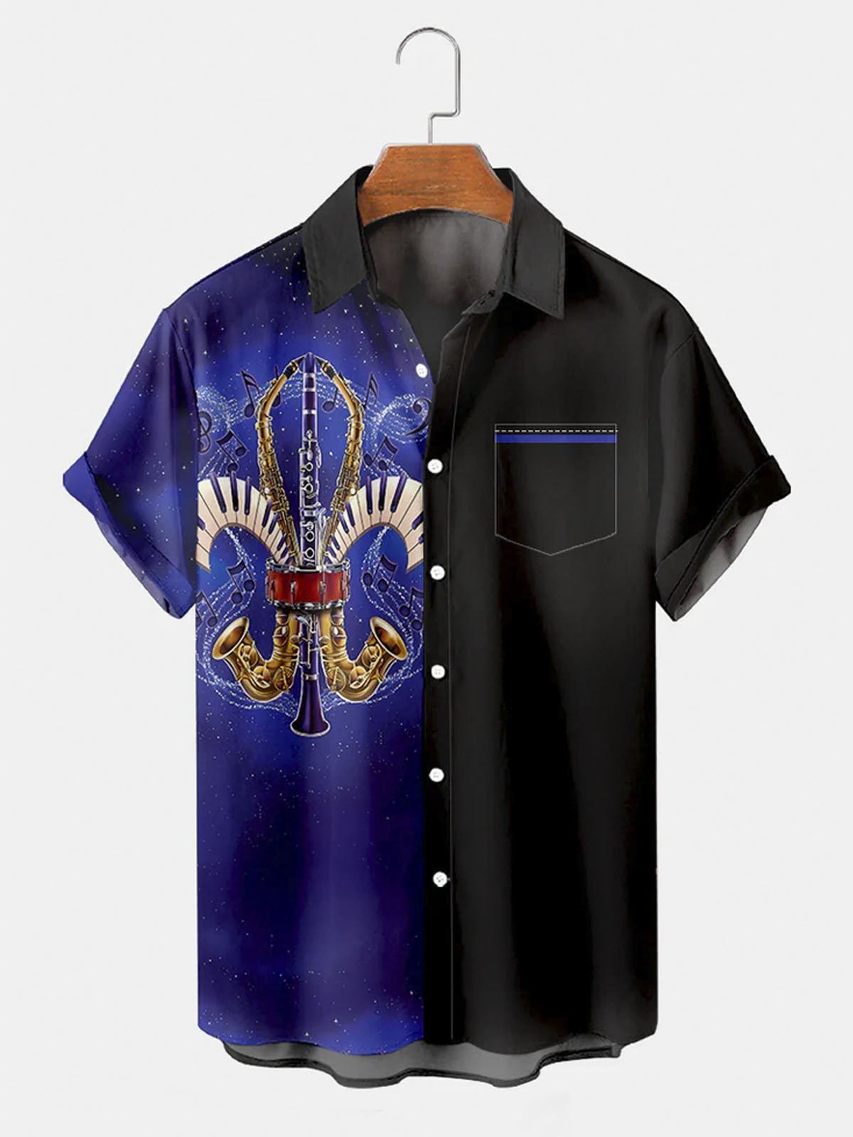 Royaura® Carnival patchwork musical instrument gradient button pocket short sleeve shirt Big & Tall