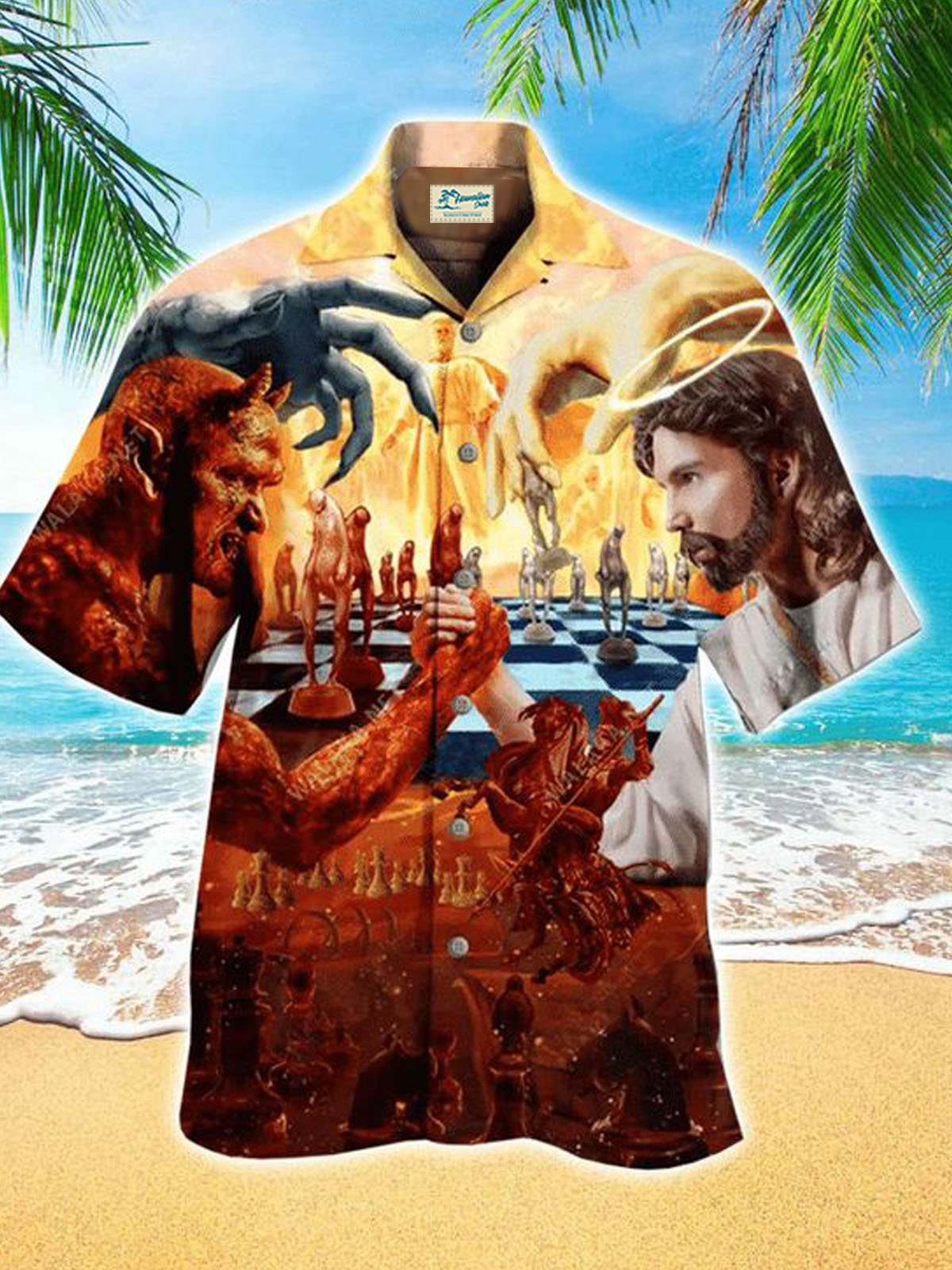 Royaura® Jesus vs. Ghosts Ocean Button Pocket Short Sleeve Shirt Big & Tall