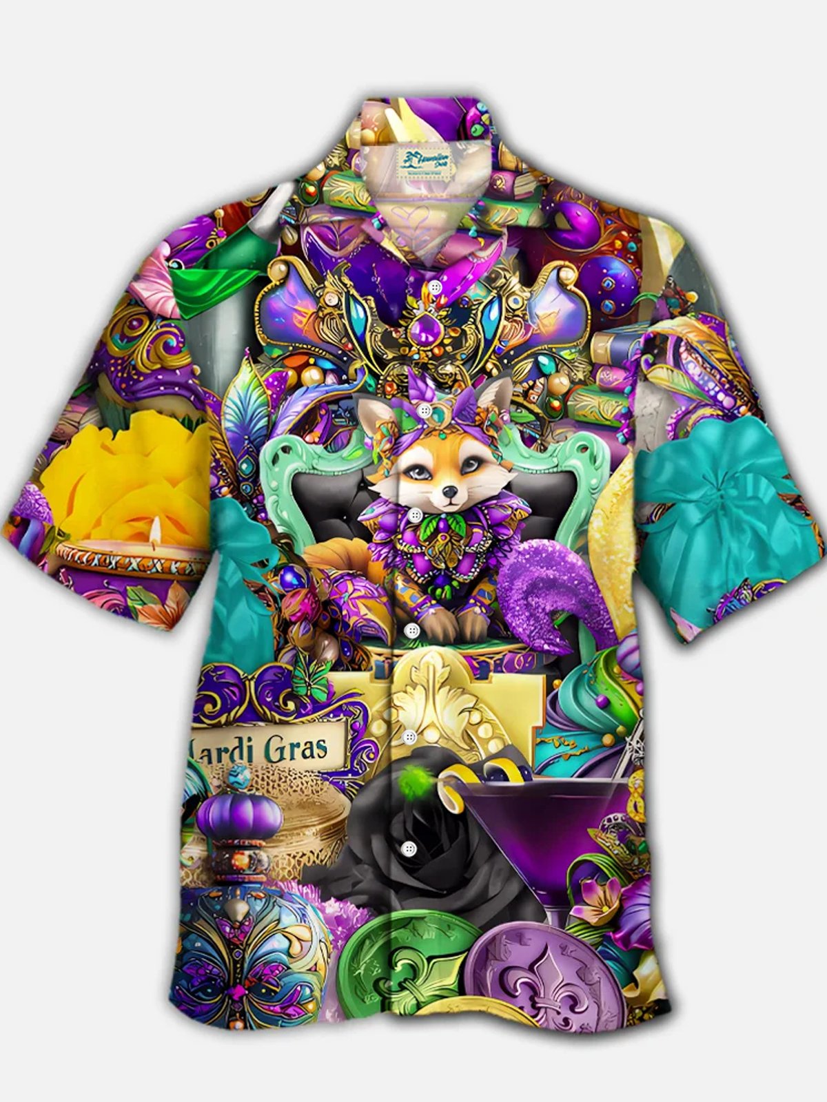 Royaura® Mardi Gras Mask Print Men's Button Pocket Short Sleeve Shirt Big & Tall