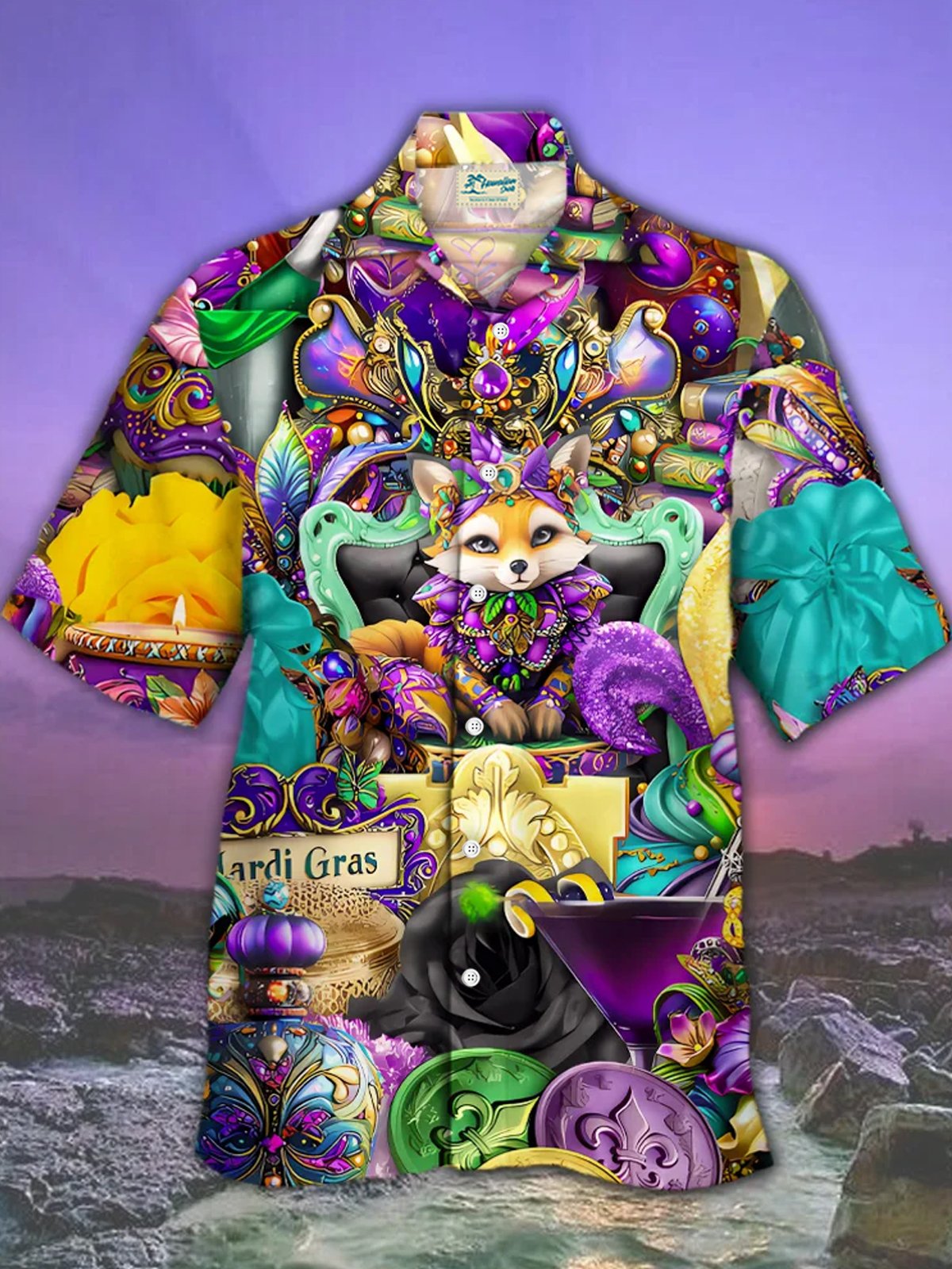 Royaura® Mardi Gras Mask Print Men's Button Pocket Short Sleeve Shirt Big & Tall