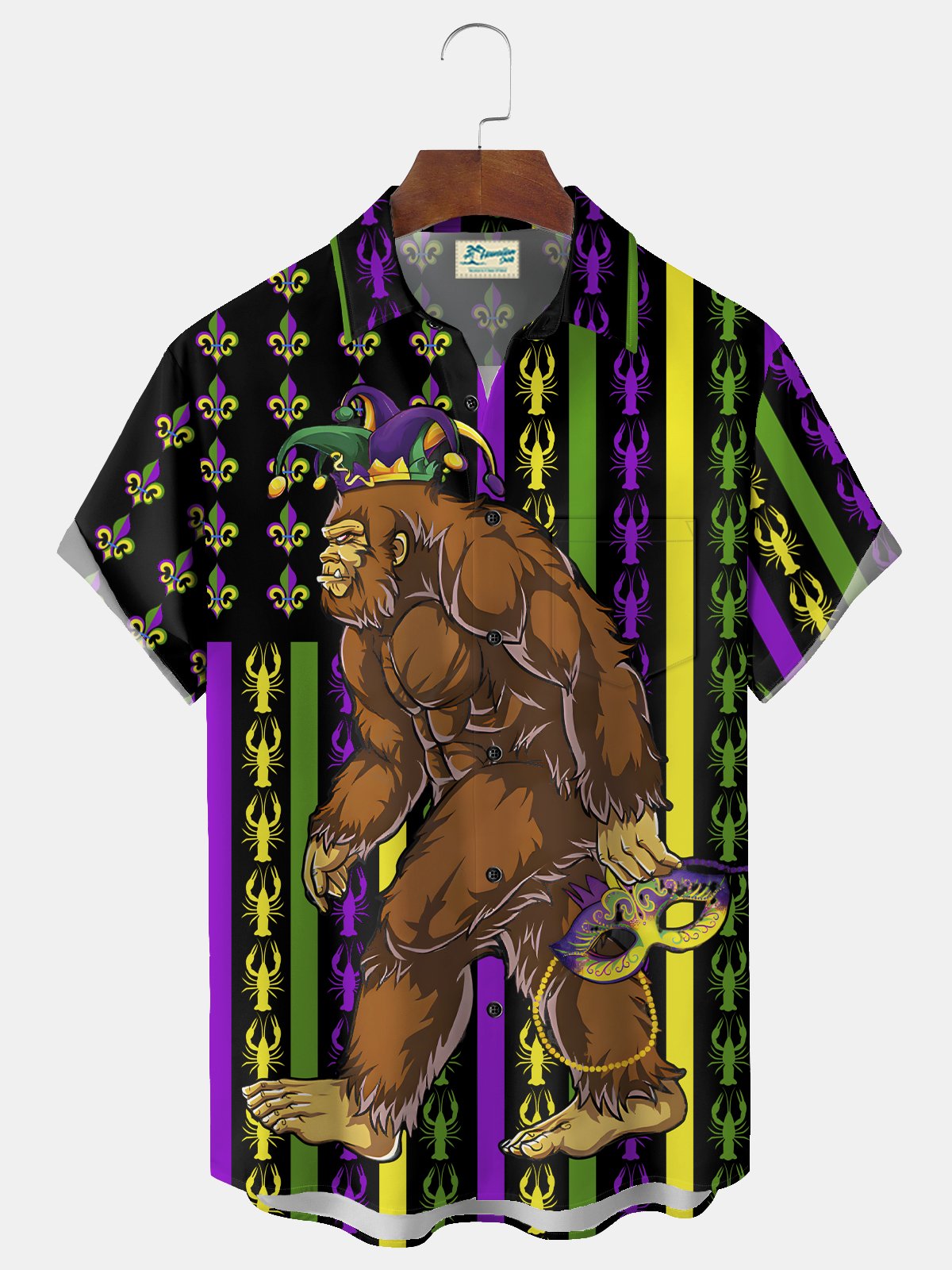 Royaura® Mardi Gras Flag Bigfoot Lobster Fleur De Lis Print Men's Chest Pocket Stretch Hawaiian Shirt Big Tall