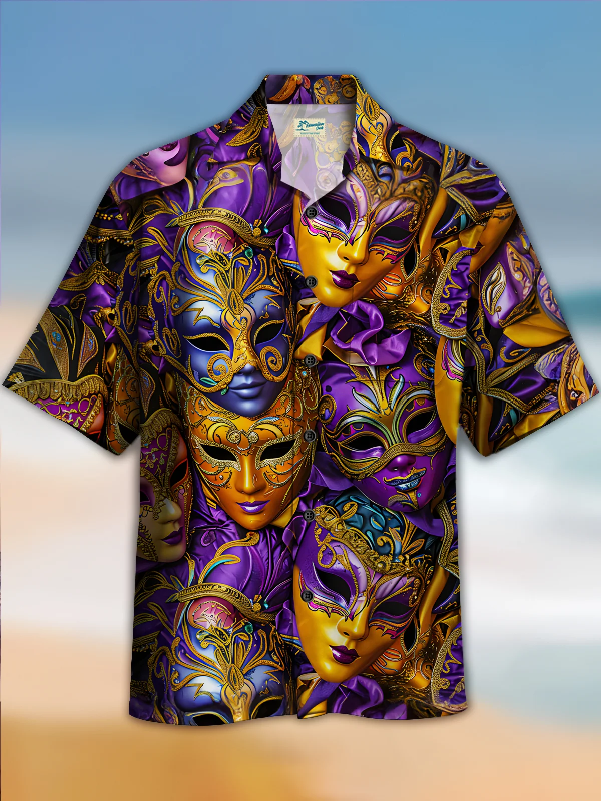 Royaura® Mardi Gras Mask Print Men's Chest Pocket Stretch Hawaiian Shirt Big Tall