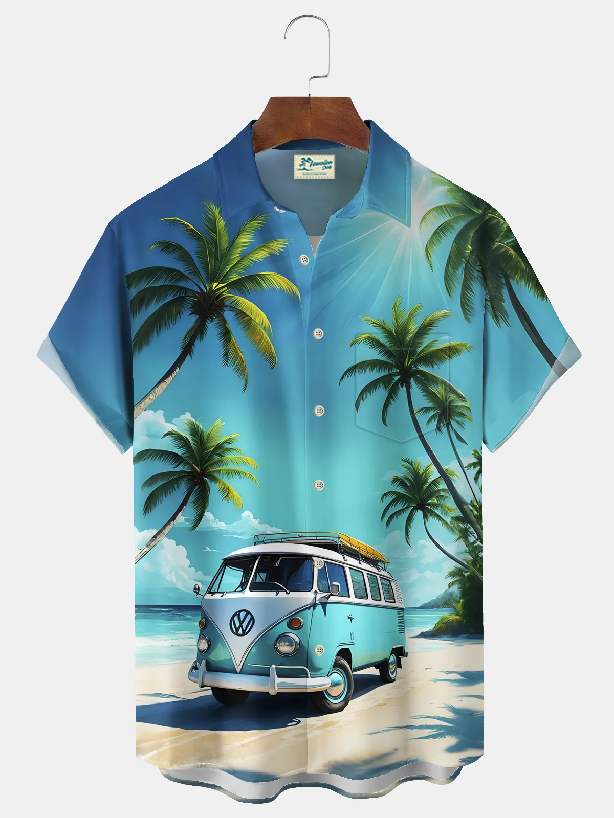 Royaura® Beach Vacation Men's Hawaiian Shirt Beach Coconut Tree Car Print Pocket Camping Shirt Big Tall