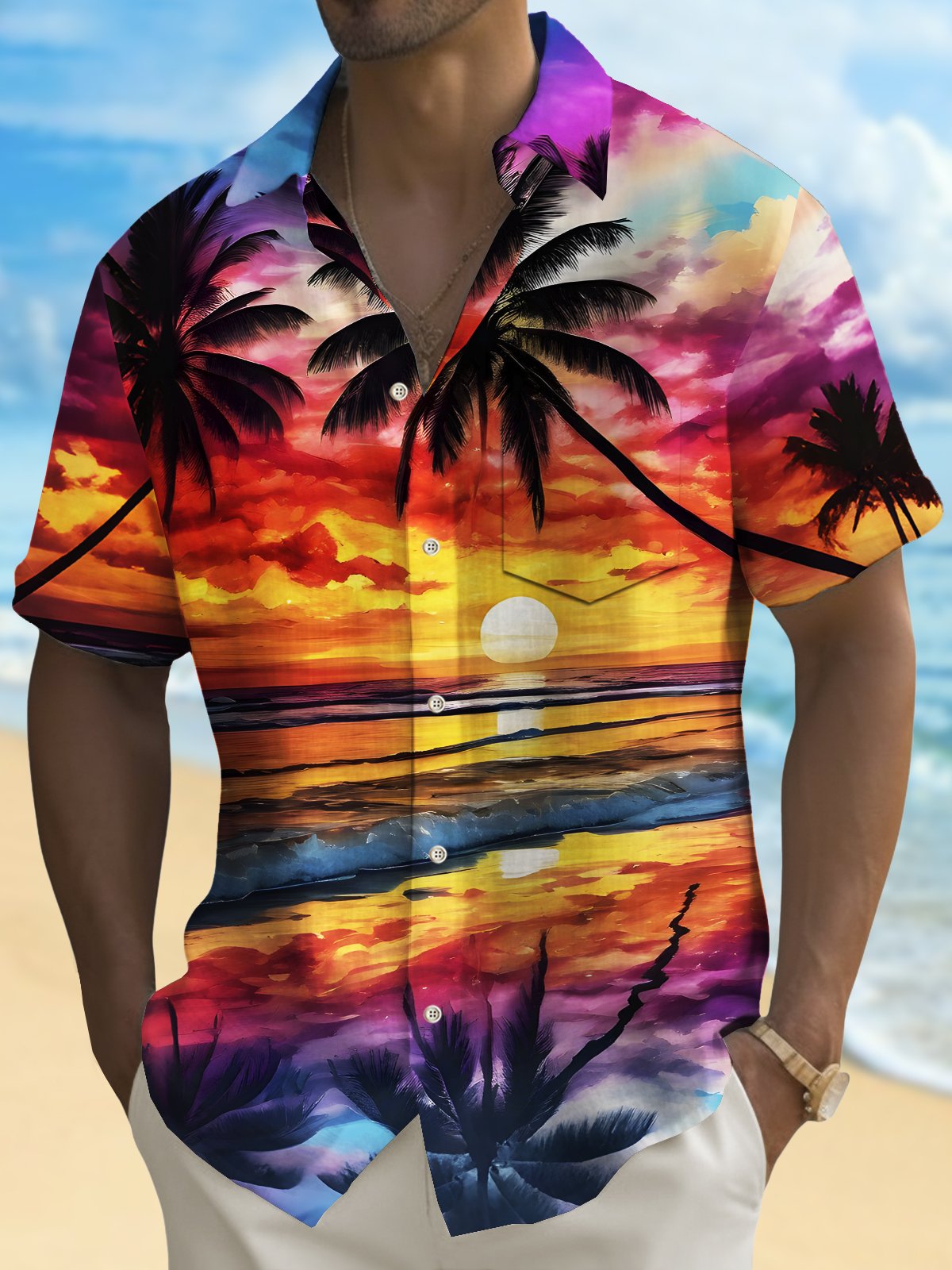 Royaura® Beach Vacation Men's Hawaiian Shirt Sunset Beach Coconut Tree Print Pocket Camping Shirt Big Tall