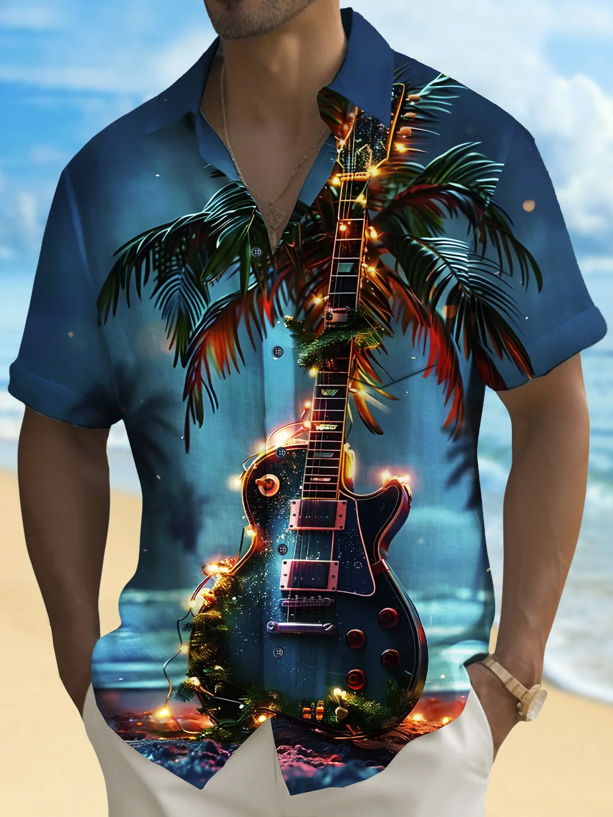 Royaura® Beach Vacation Men's Hawaiian Shirt Beach Guitar Coconut Tree Print Pocket Camping Shirt Big Tall