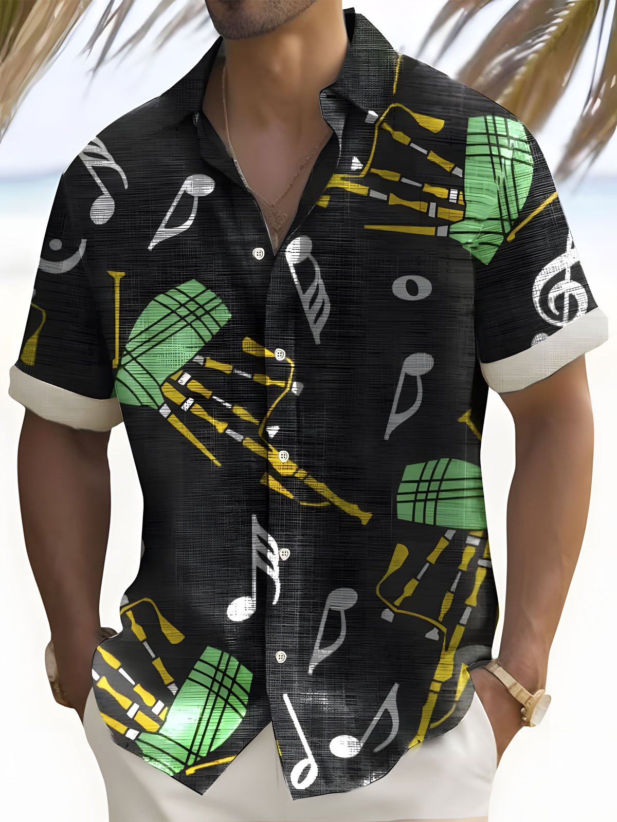 Royaura® Musical Symbols Print Button Pocket Short Sleeve Shirt Big & Tall