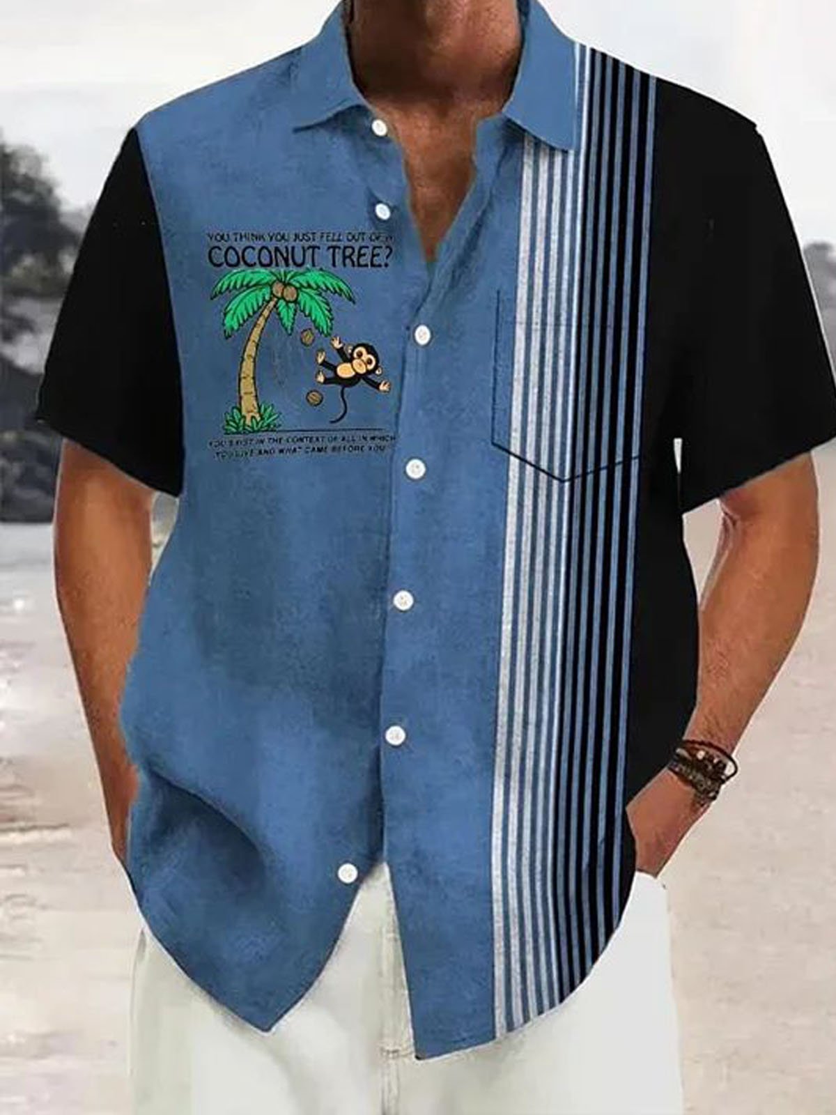 Royaura® Hawaiian Palm Leaf Bowling Stripe Print Button Pocket Short Sleeve Shirt  Big & Tall