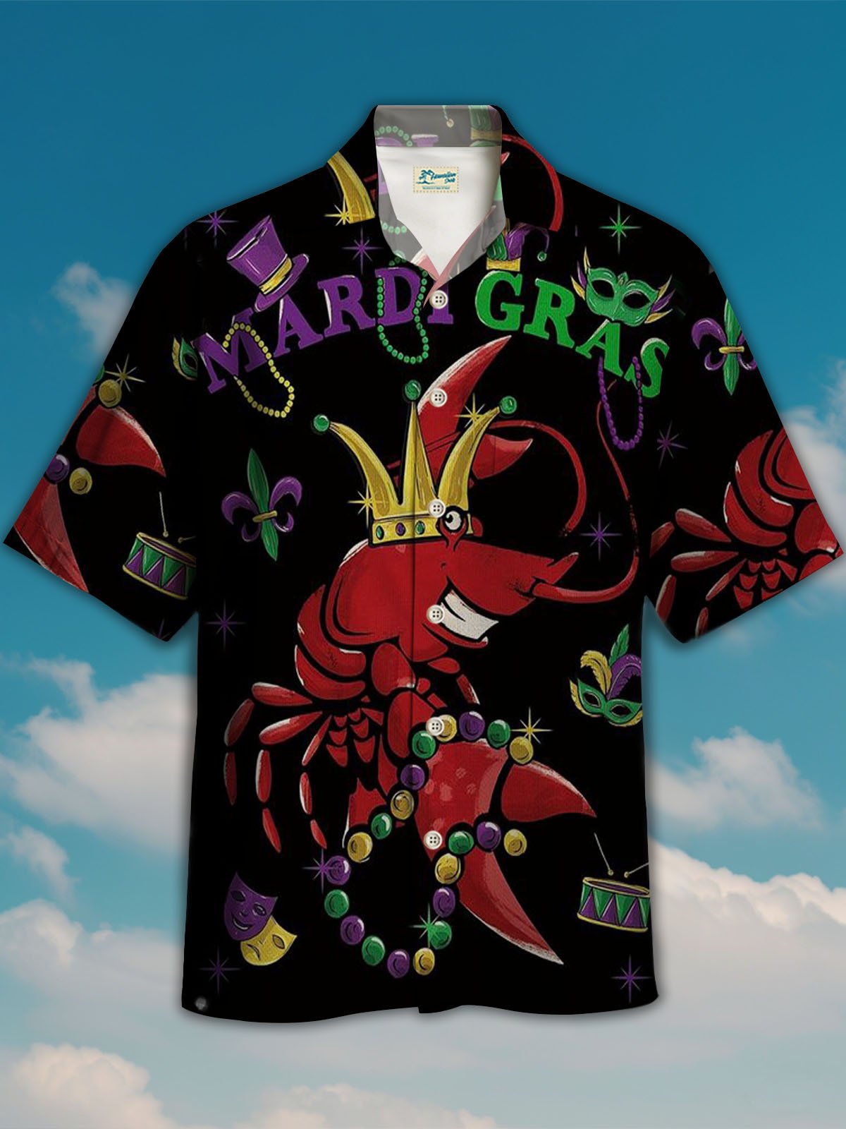 Royaura® Mardi Gras Lobster Mask Fireworks Button Pocket Short Sleeve Shirt Big & Tall