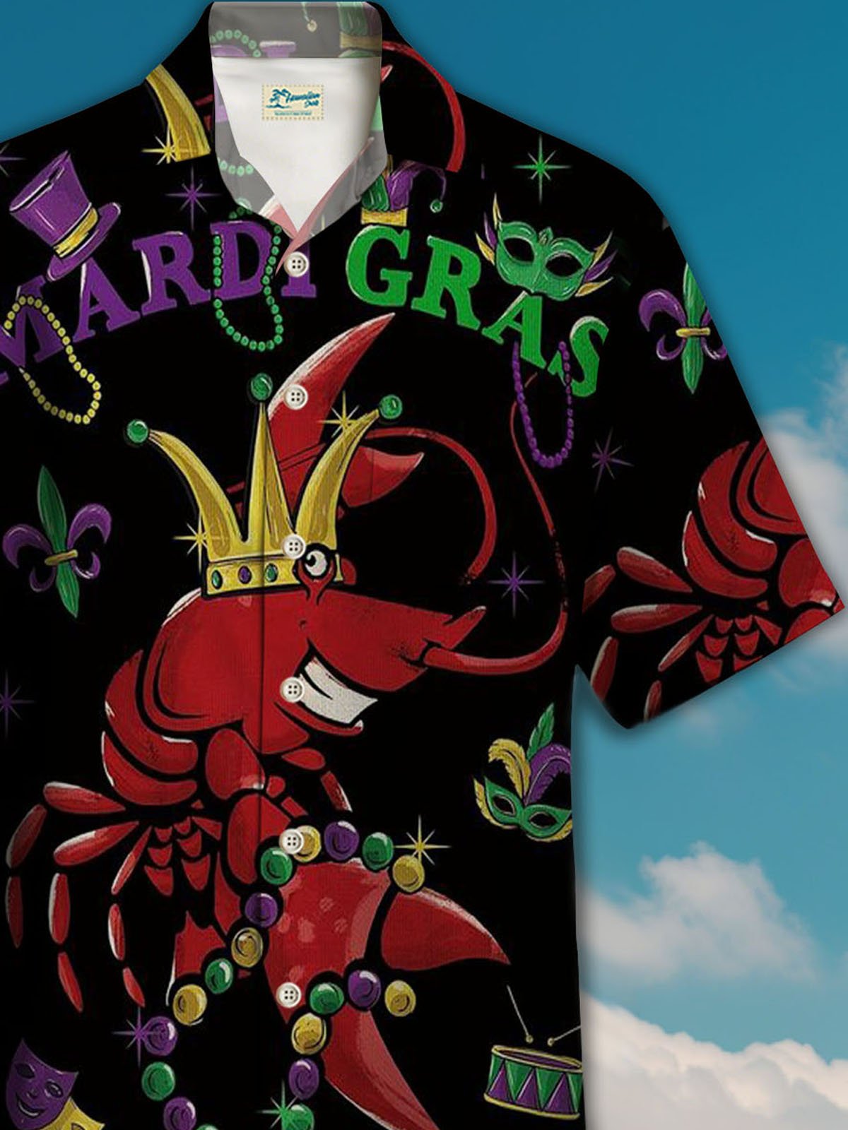 Royaura® Mardi Gras Lobster Mask Fireworks Button Pocket Short Sleeve Shirt Big & Tall