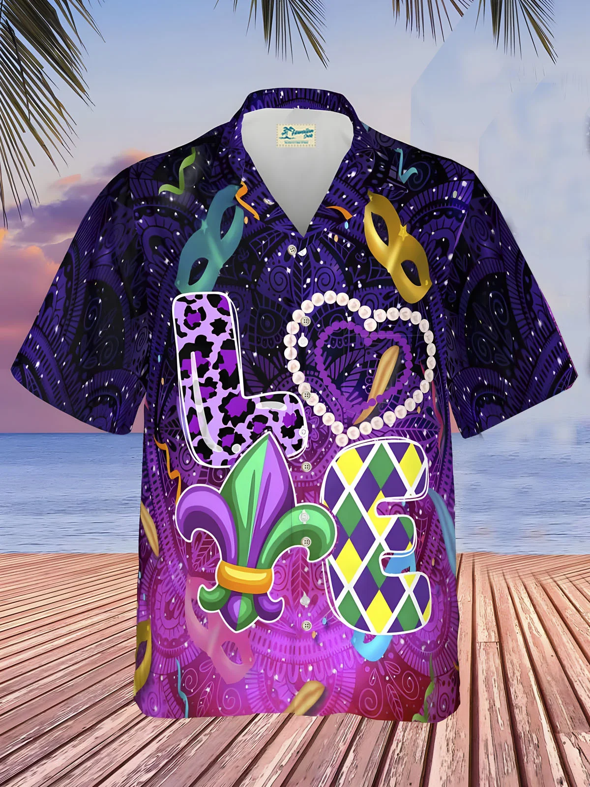 Royaura®Mardi Gras Mask Fireworks Button Pocket Short Sleeve Shirt  Big & Tall