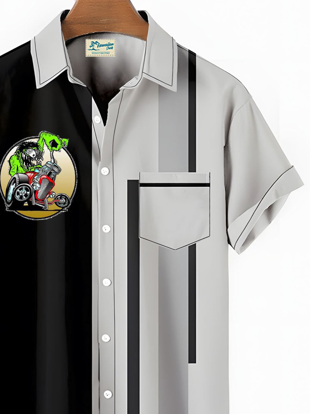 Royaura® Artistic retro car and bowling print button pocket short sleeve shirt Big & Tall