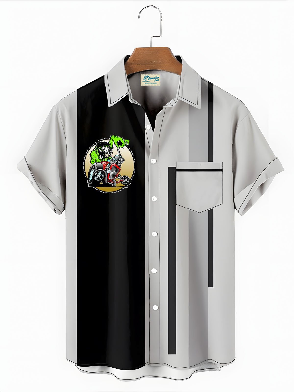 Royaura® Artistic retro car and bowling print button pocket short sleeve shirt Big & Tall