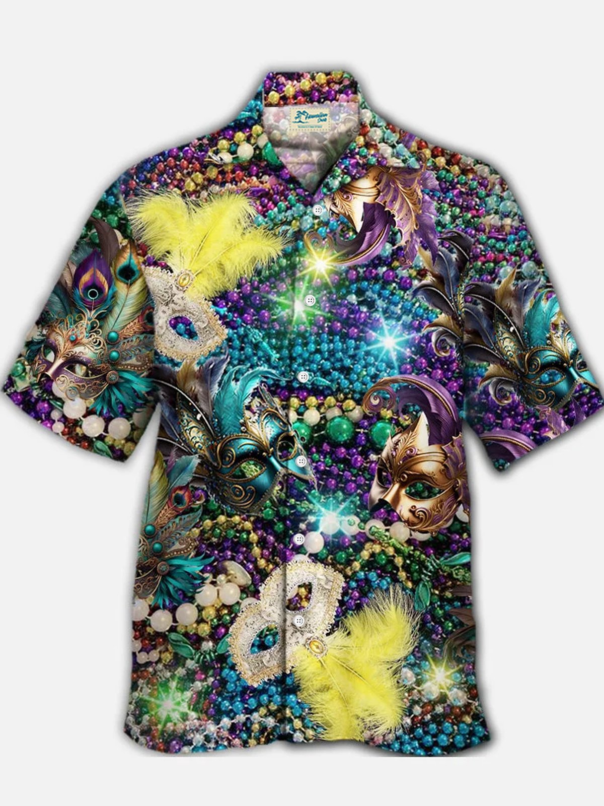 Royaura® Mardi Gras Mask Print Men's Button Pocket Short Sleeve Shirt Big & Tall