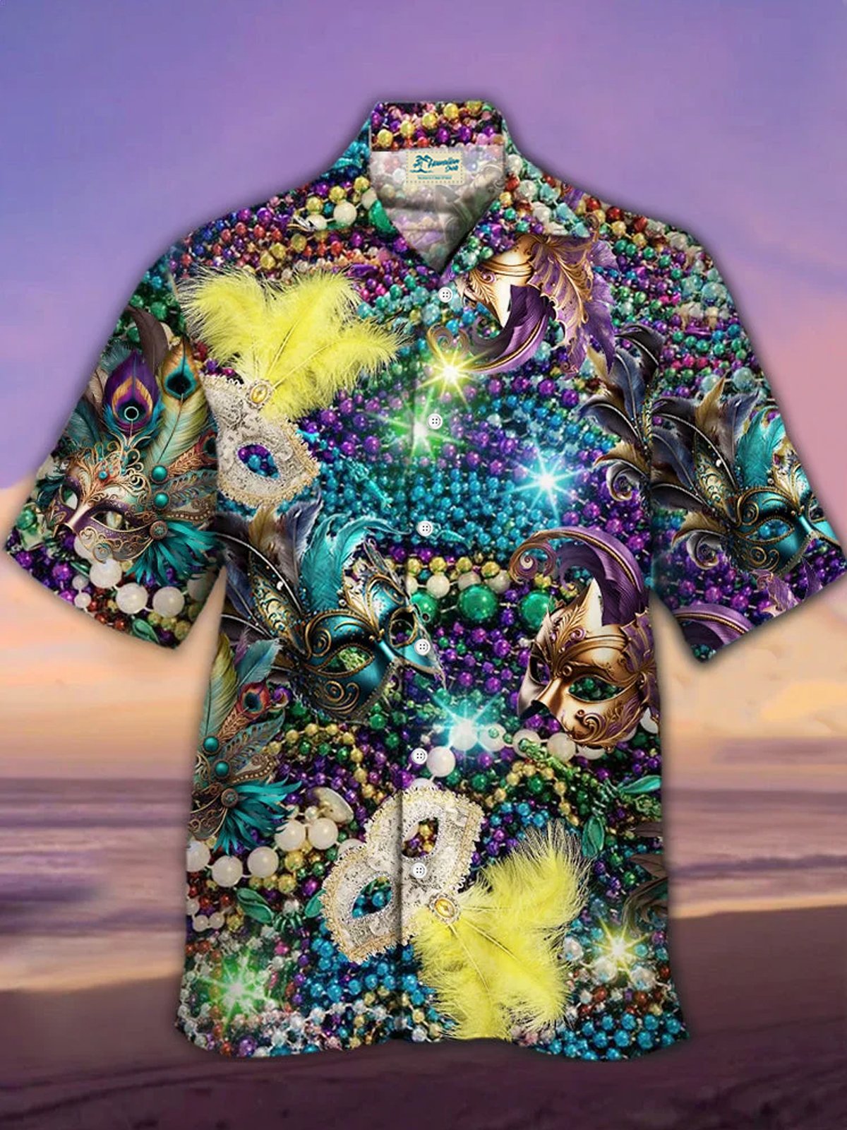 Royaura® Mardi Gras Mask Print Men's Button Pocket Short Sleeve Shirt Big & Tall