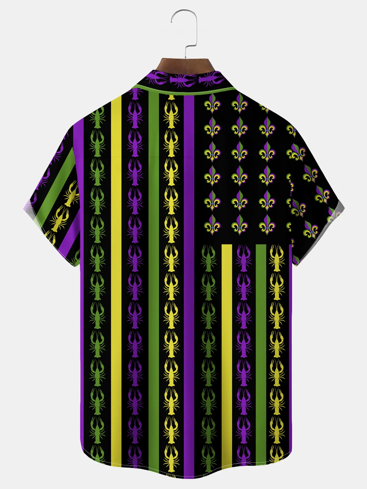 Royaura® Mardi Gras Flag Bigfoot Lobster Fleur De Lis Print Men's Chest Pocket Stretch Hawaiian Shirt Big Tall