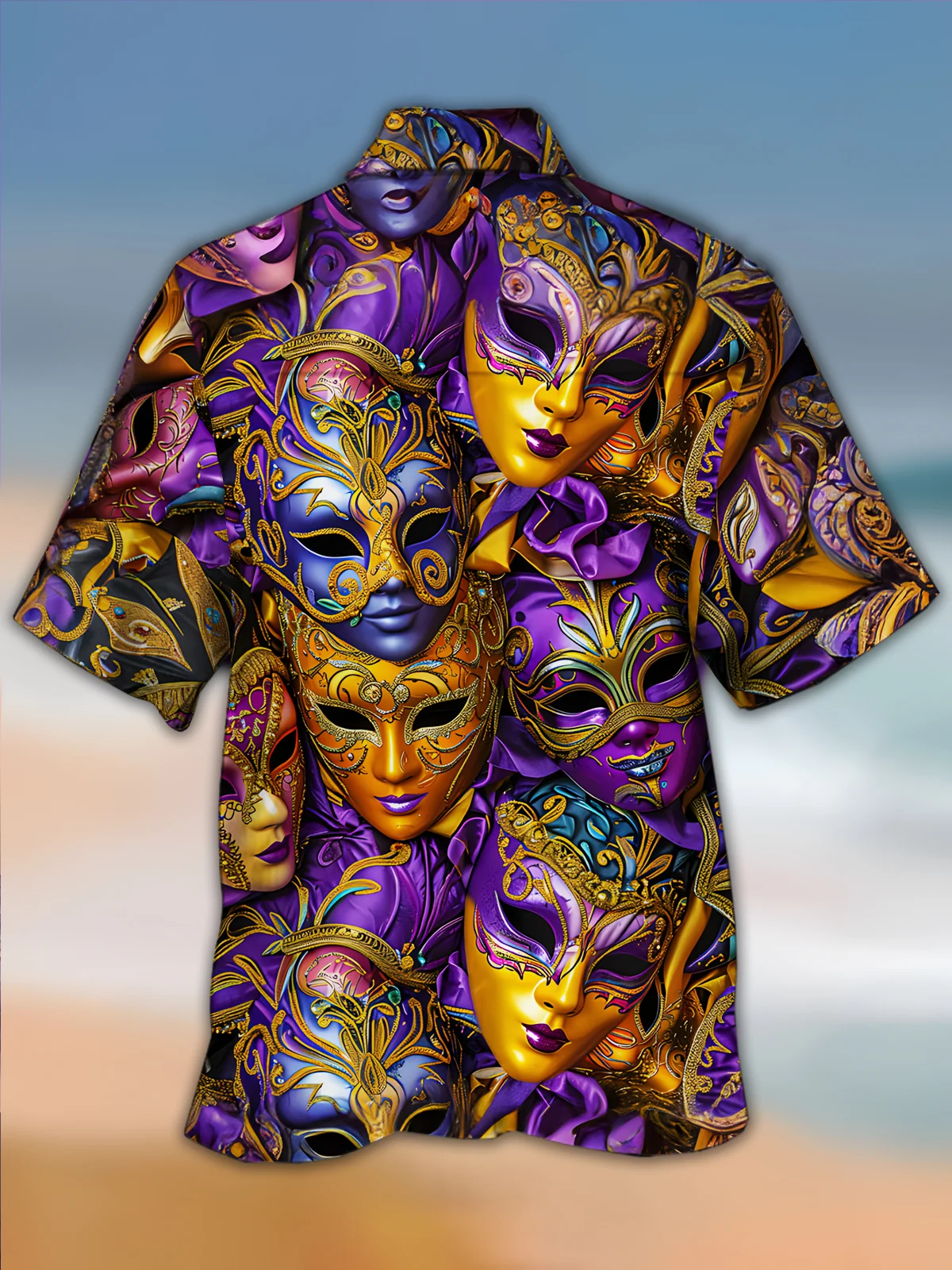 Royaura® Mardi Gras Mask Print Men's Chest Pocket Stretch Hawaiian Shirt Big Tall