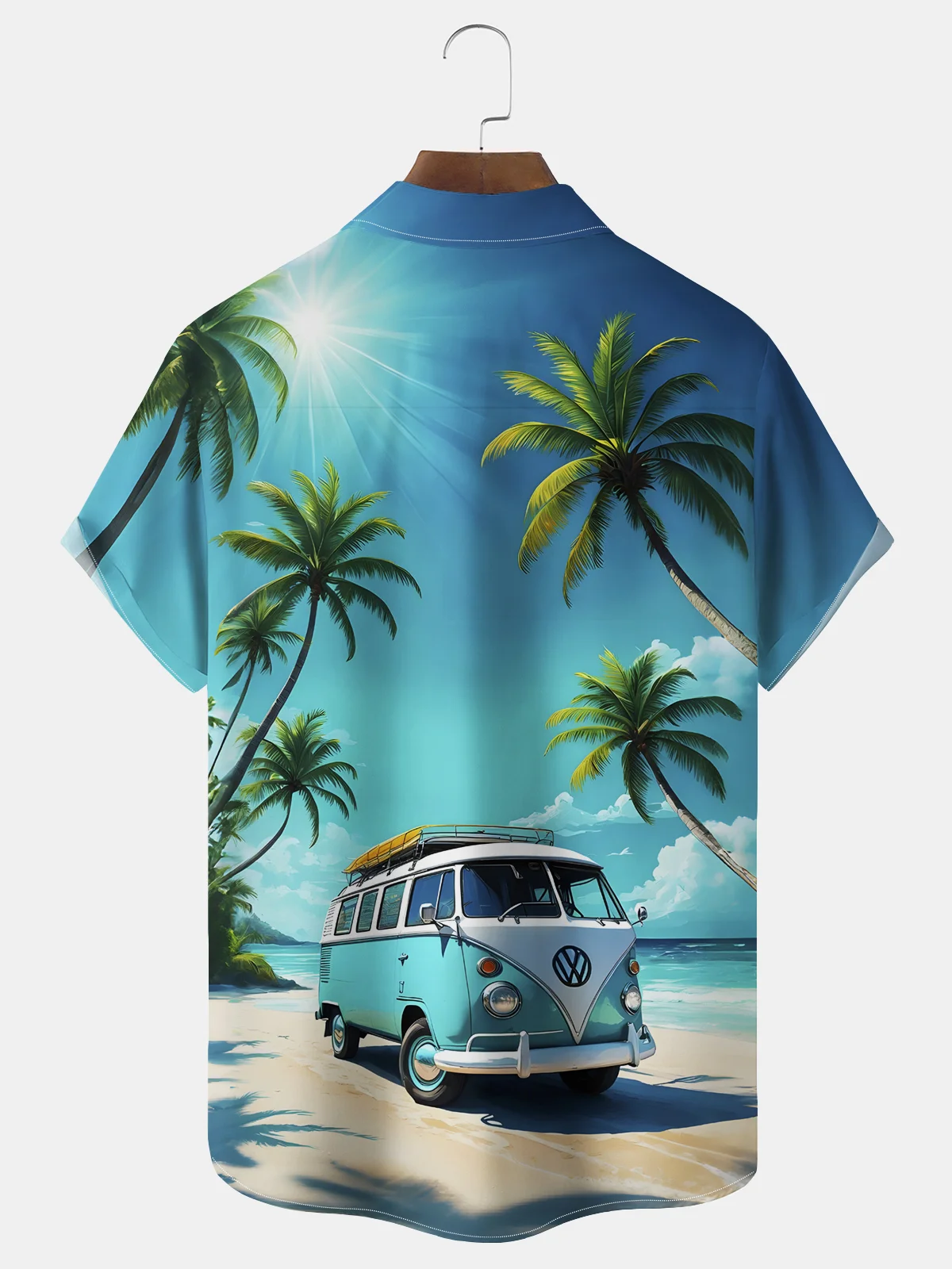 Royaura® Beach Vacation Men's Hawaiian Shirt Beach Coconut Tree Car Print Pocket Camping Shirt Big Tall