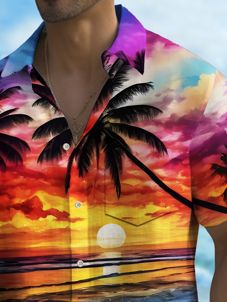 Royaura® Beach Vacation Men's Hawaiian Shirt Sunset Beach Coconut Tree Print Pocket Camping Shirt Big Tall