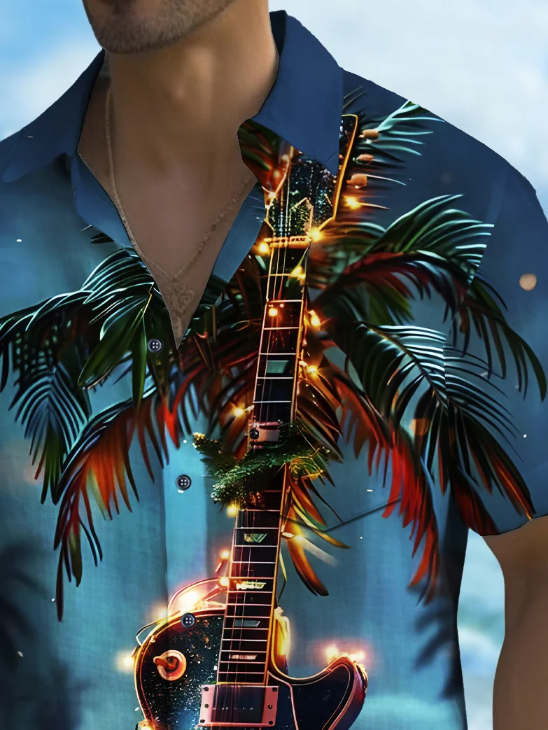 Royaura® Beach Vacation Men's Hawaiian Shirt Beach Guitar Coconut Tree Print Pocket Camping Shirt Big Tall