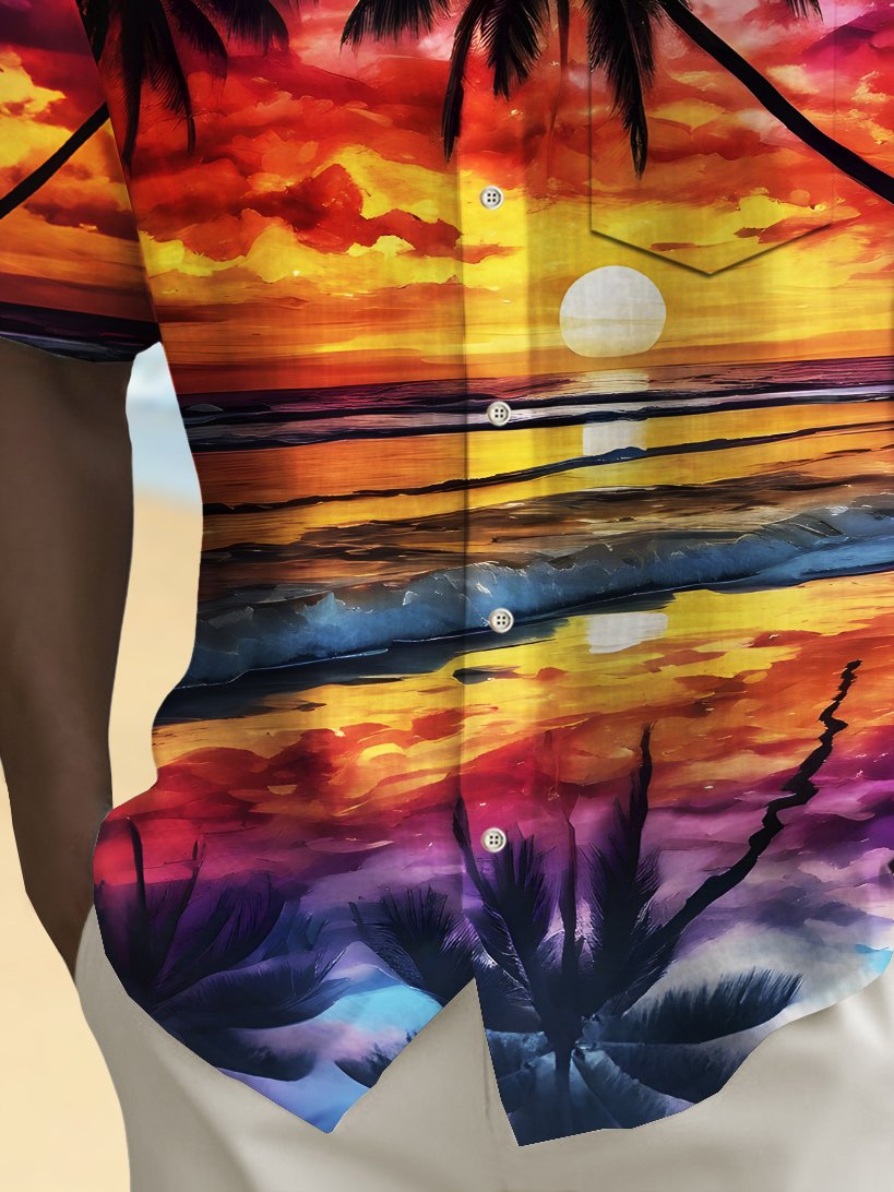 Royaura® Beach Vacation Men's Hawaiian Shirt Sunset Beach Coconut Tree Print Pocket Camping Shirt Big Tall