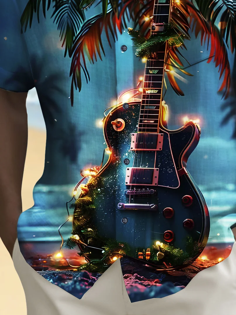 Royaura® Beach Vacation Men's Hawaiian Shirt Beach Guitar Coconut Tree Print Pocket Camping Shirt Big Tall