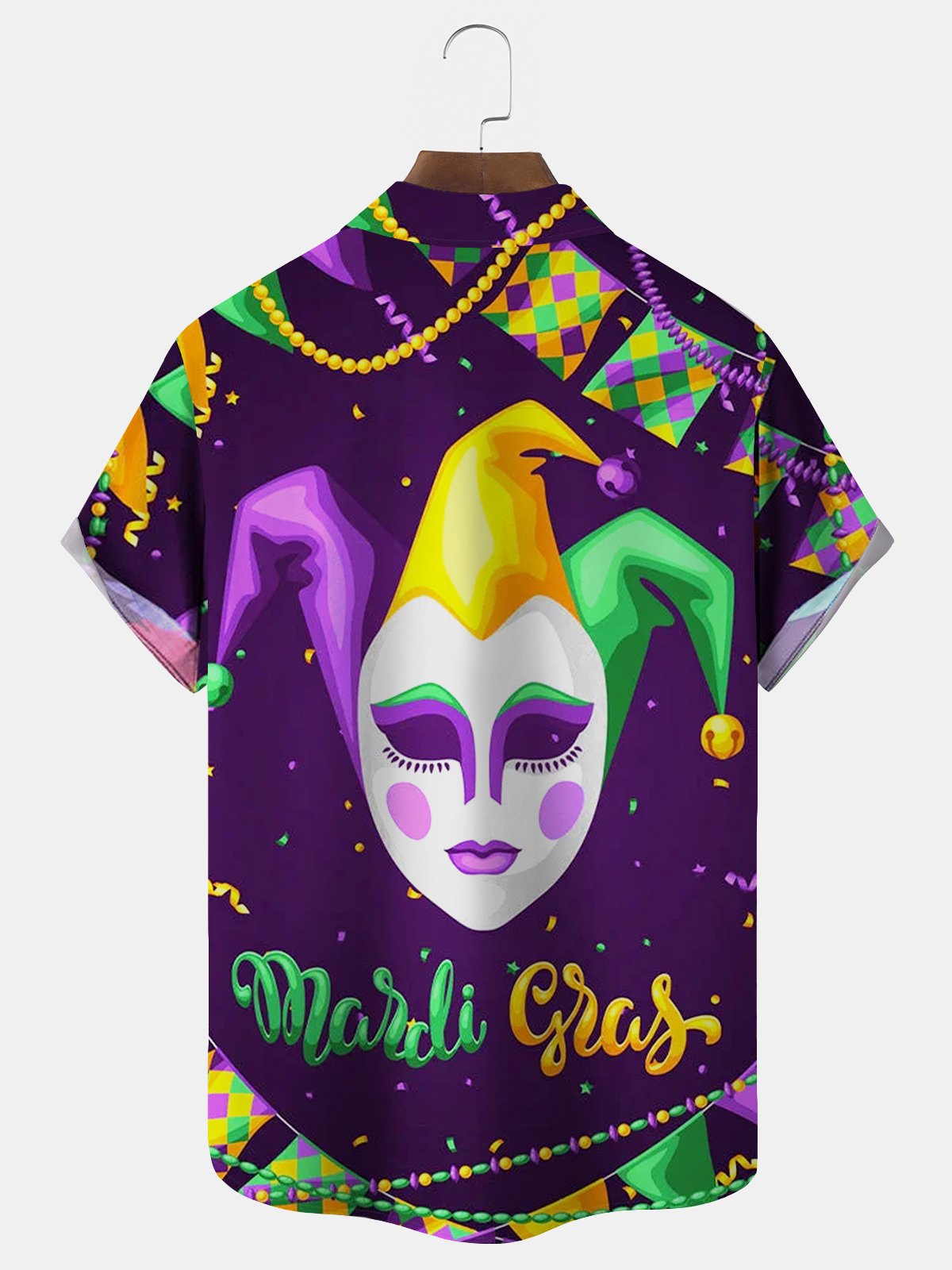 Royaura® Mardi Gras Mask Print Men's Button Pocket Short Sleeve Shirt Big & Tall