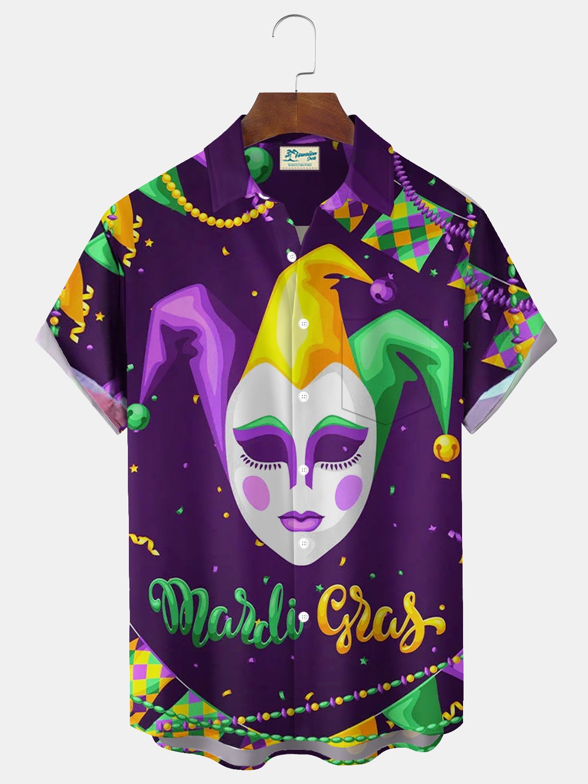 Royaura® Mardi Gras Mask Print Men's Button Pocket Short Sleeve Shirt Big & Tall