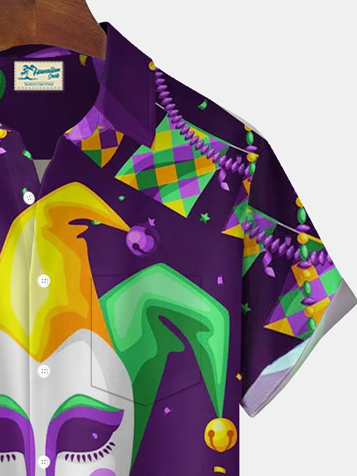 Royaura® Mardi Gras Mask Print Men's Button Pocket Short Sleeve Shirt Big & Tall