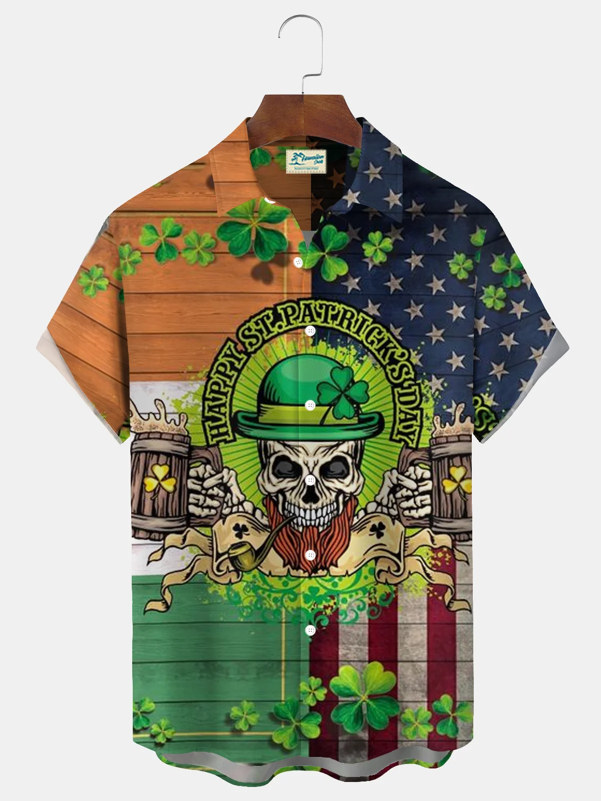 Royaura® St. Patrick's Day Flag Skull Beer Print Men's Button Pocket Short Sleeve Shirt Big & Tall