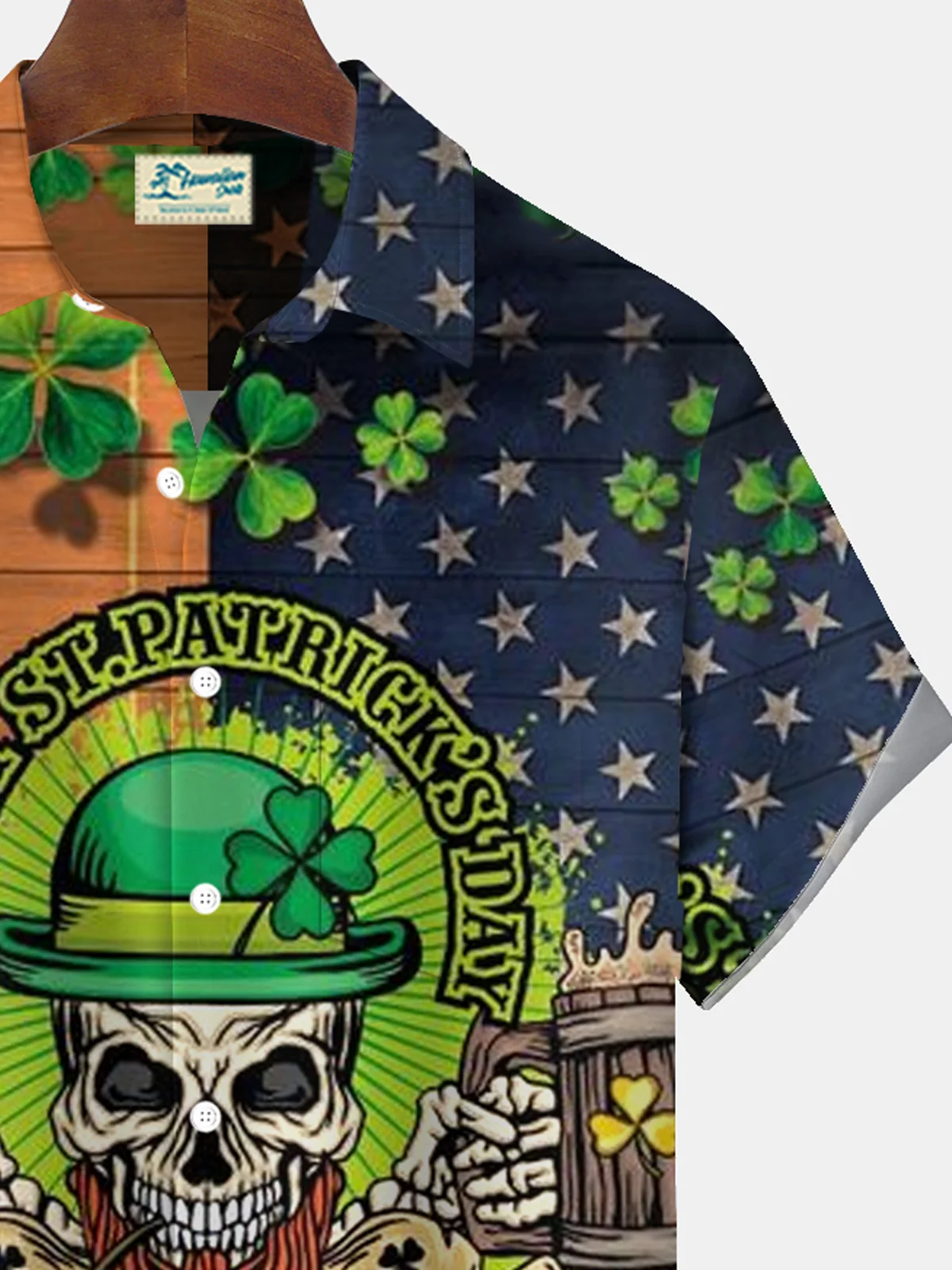 Royaura® St. Patrick's Day Flag Skull Beer Print Men's Button Pocket Short Sleeve Shirt Big & Tall