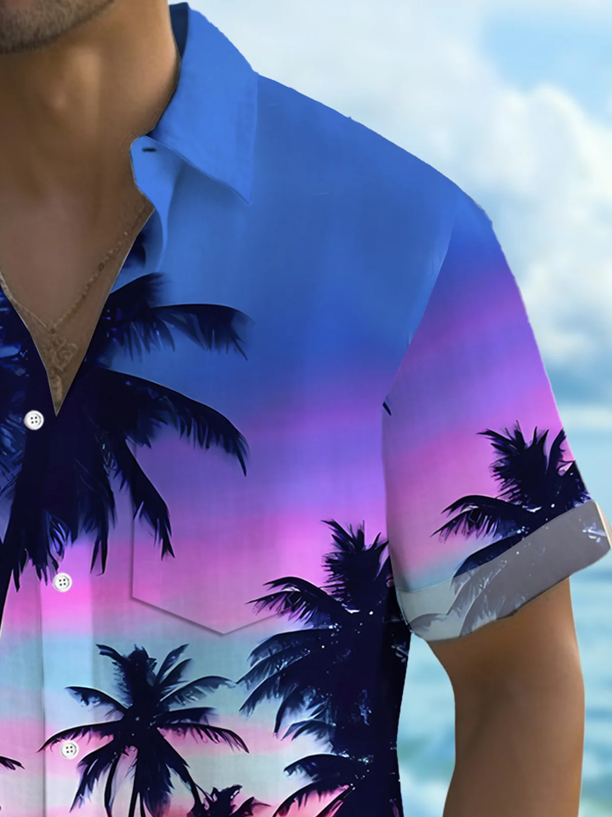 Royaura® Hawaiian Coconut Tree Gradient Sunset Landscape Print Men's Button Pocket Short Sleeve Shirt Big & Tall