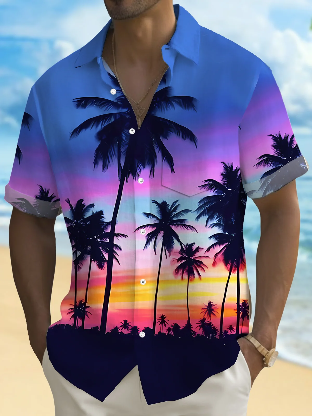 Royaura® Hawaiian Coconut Tree Gradient Sunset Landscape Print Men's Button Pocket Short Sleeve Shirt Big & Tall