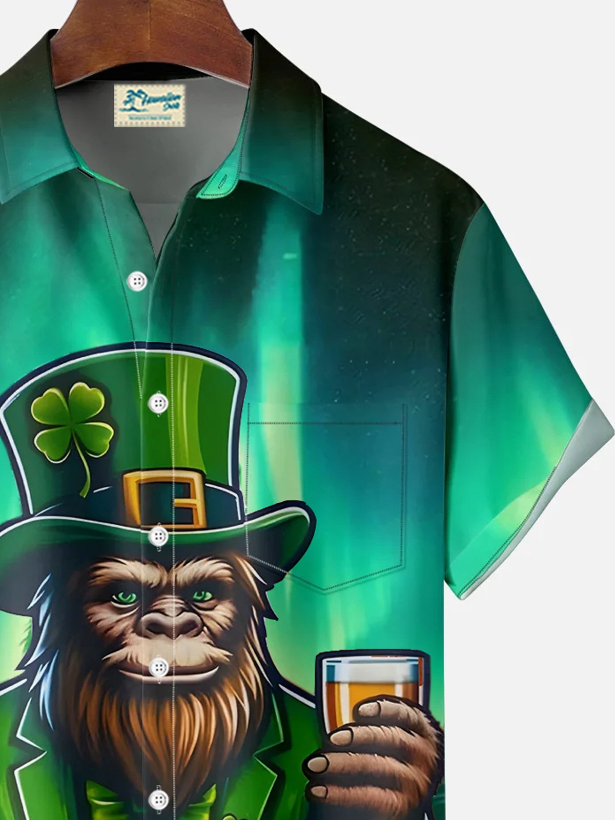 Royaura® St. Patrick's Day Bigfoot Green Beer Print Men's Button Pocket Short Sleeve Shirt Big & Tall