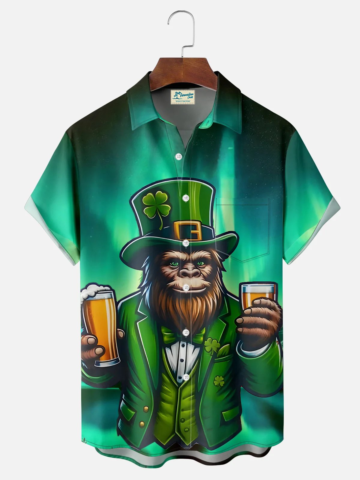 Royaura® St. Patrick's Day Bigfoot Green Beer Print Men's Button Pocket Short Sleeve Shirt Big & Tall