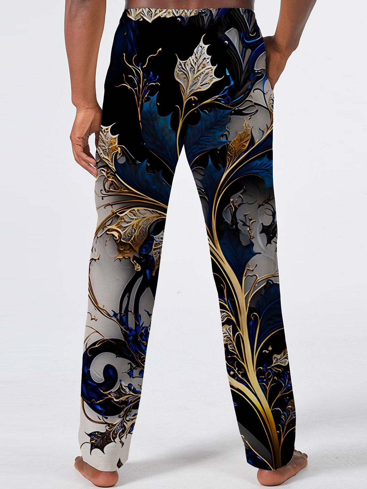 Royaura® Retro Plant Leaf Gold Stamping 3D Digital Printing Men's Drawstring Casual Pants Big & Tall