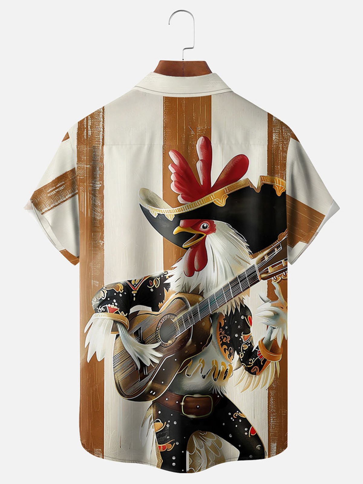 Royaura® Striped Rock Rooster Playing Guitar Button Pocket Short Sleeve Shirt Big & Tall