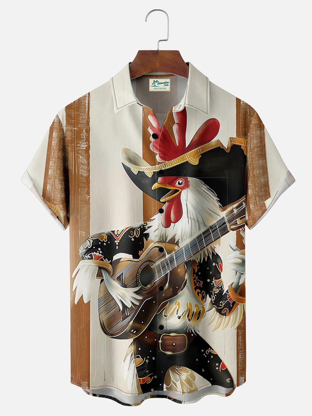 Royaura® Striped Rock Rooster Playing Guitar Button Pocket Short Sleeve Shirt Big & Tall