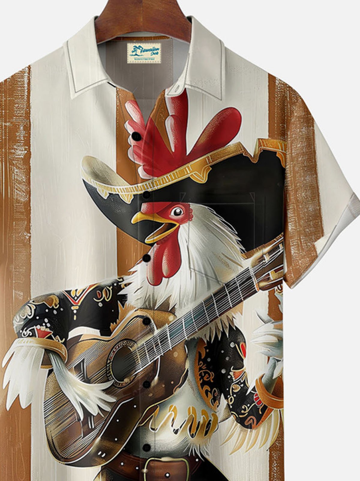 Royaura® Striped Rock Rooster Playing Guitar Button Pocket Short Sleeve Shirt Big & Tall