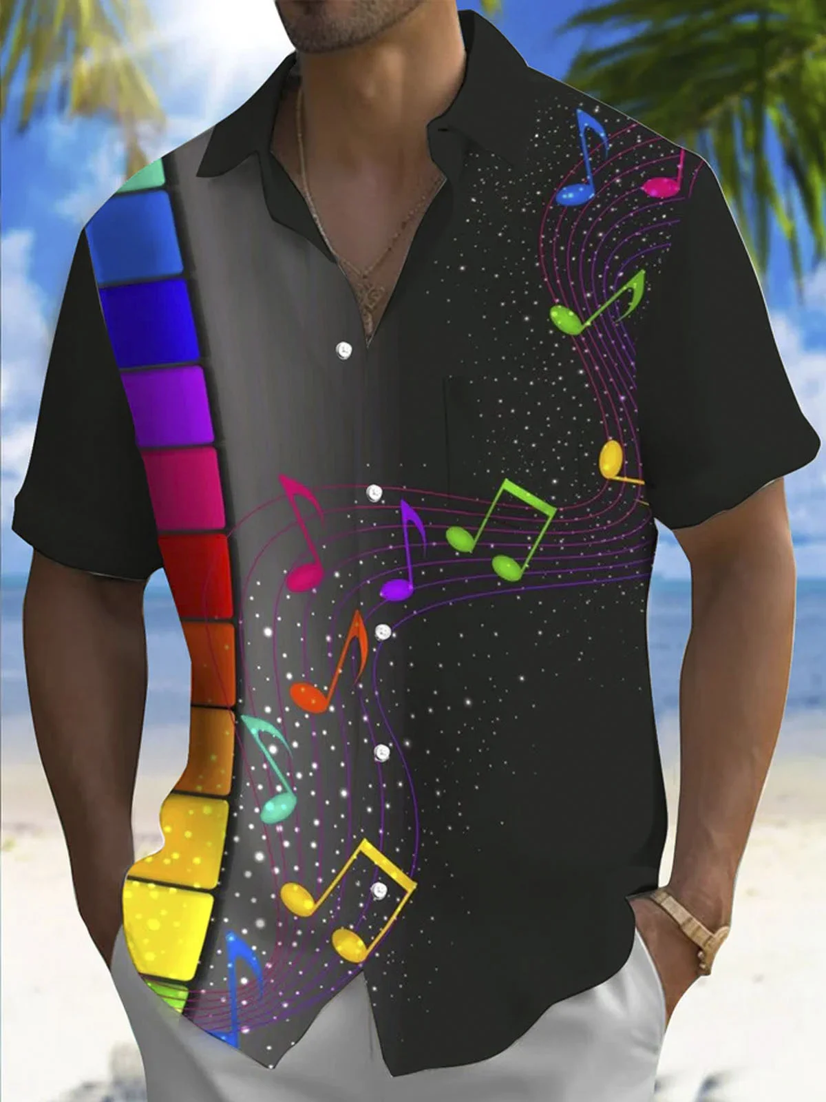 Royaura® Black Gradient Color Block Musical Symbol Button Pocket Short Sleeve Shirt Big & Tall