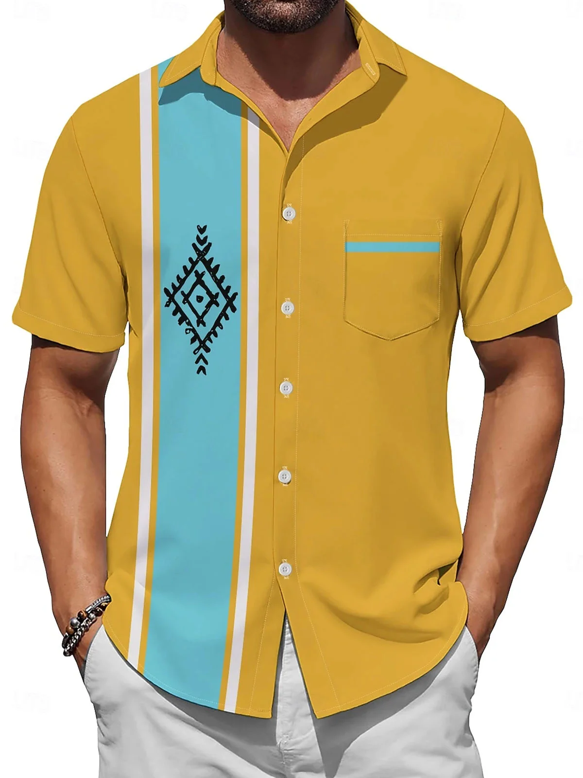 Royaura® Retro Geometric Bowling 3D Digital Printing Men's Button Pocket Short Sleeve Shirt Big & Tall