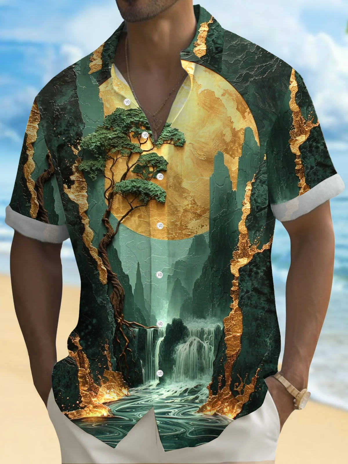 Royaura® Retro Gradient Art Abstract 3D Digital Printing Men's Button Pocket Short Sleeve Shirt Big & Tall