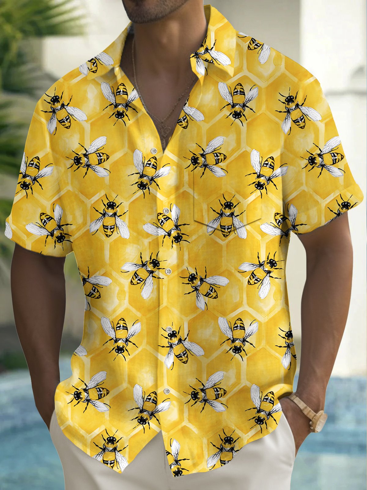 Royaura® Vintage Bee Art Print Men's Chest Pocket Stretch Hawaiian Shirt Big Tall