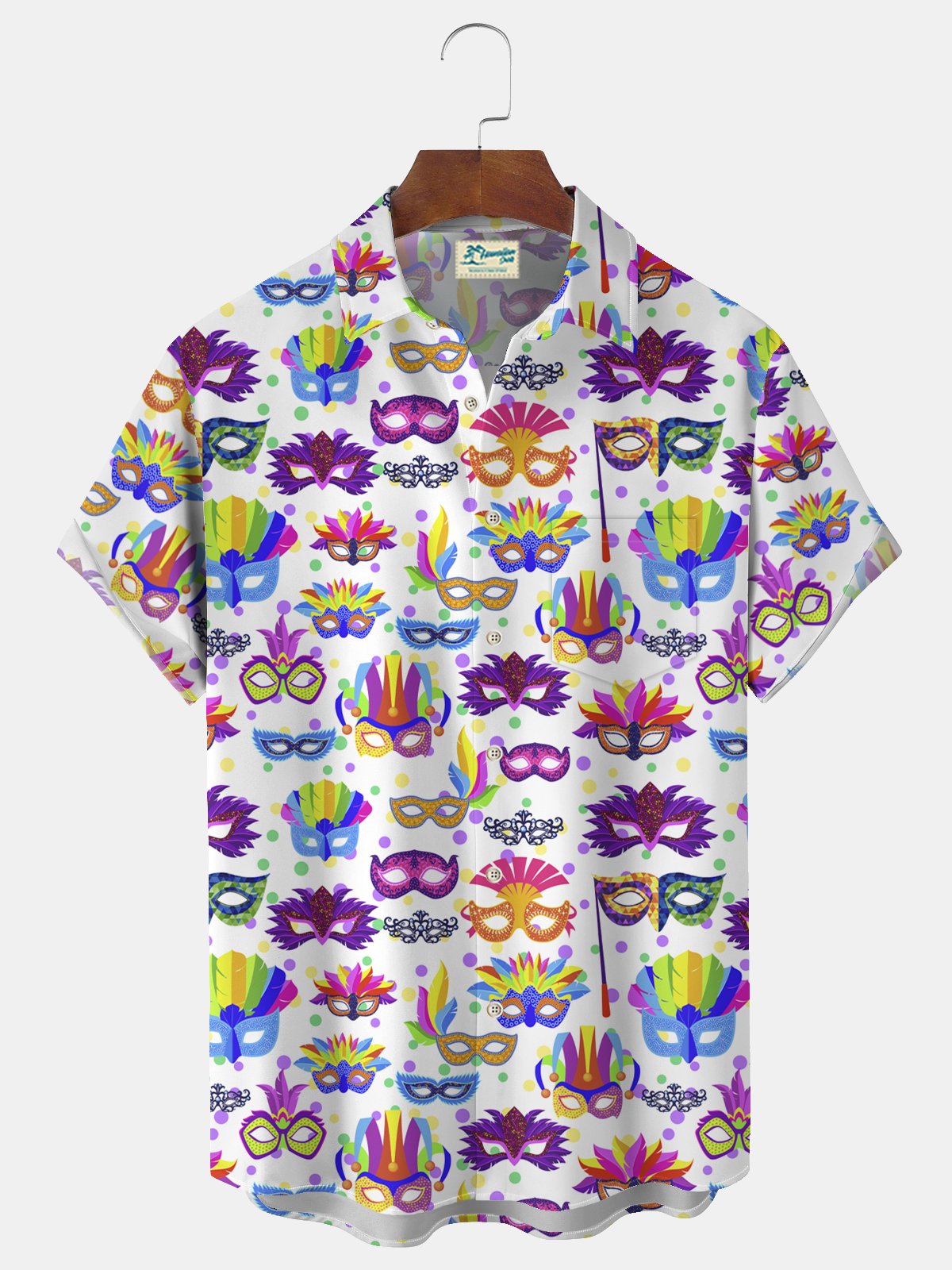 Royaura® Mardi Gras Mask Print Men's Chest Pocket Stretch Hawaiian Shirt Big Tall