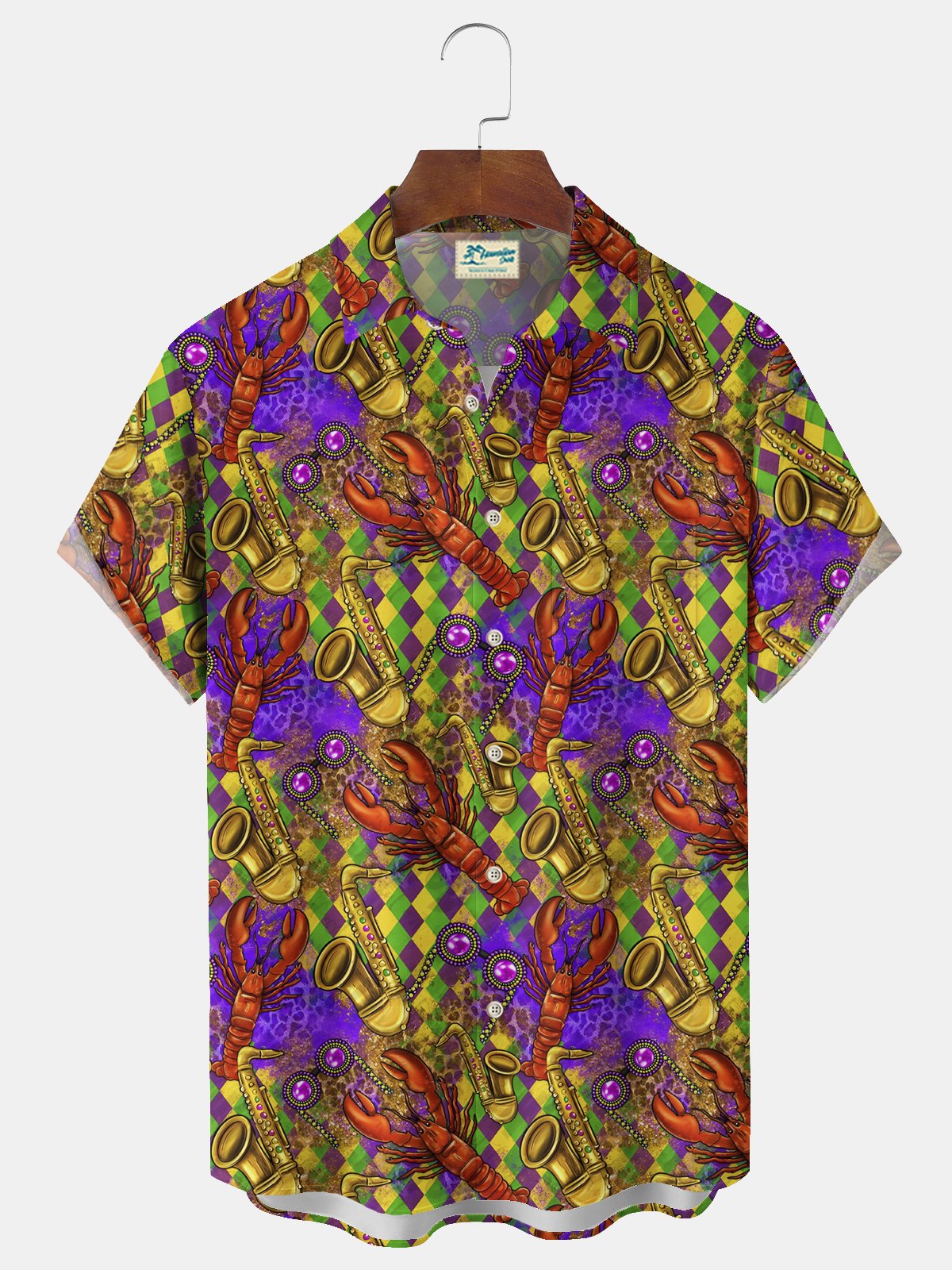 Royaura® Mardi Gras Musical Lobster Print Men's Chest Pocket Stretch Hawaiian Shirt Big Tall