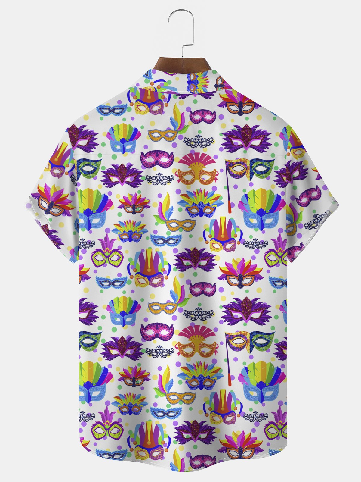 Royaura® Mardi Gras Mask Print Men's Chest Pocket Stretch Hawaiian Shirt Big Tall