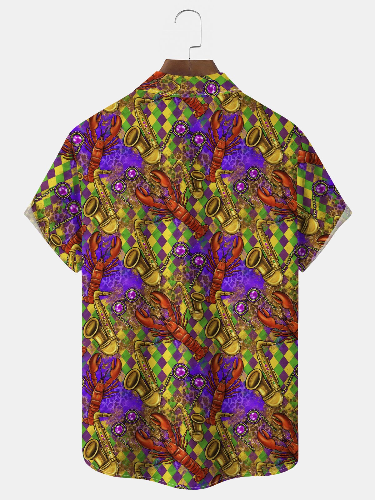 Royaura® Mardi Gras Musical Lobster Print Men's Chest Pocket Stretch Hawaiian Shirt Big Tall