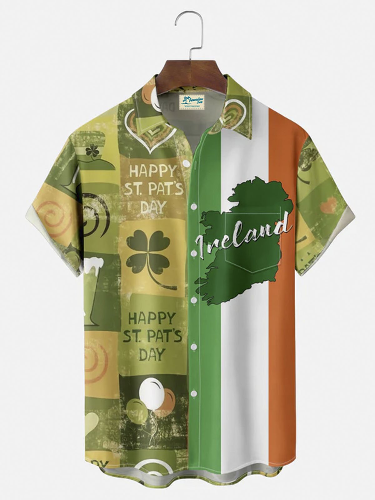 Royaura® St. Patrick's Geometric Shamrock Balloon Letter Button Pocket Short Sleeve Shirt Big & Tall