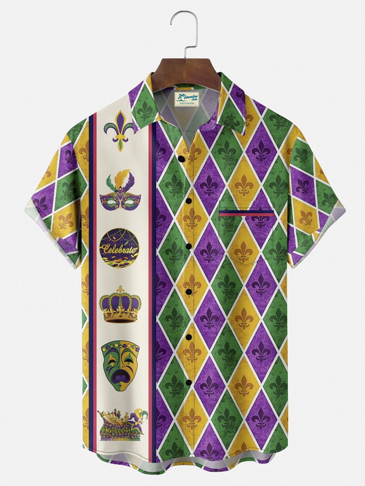 Royaura® Carnival geometric patchwork clown mask button pocket short sleeve shirt Big & Tall